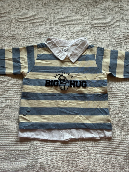 OP Other - Hop Baby Striped 'Big Hug' Long Sleeve Polo Shirt in Cream & Blue